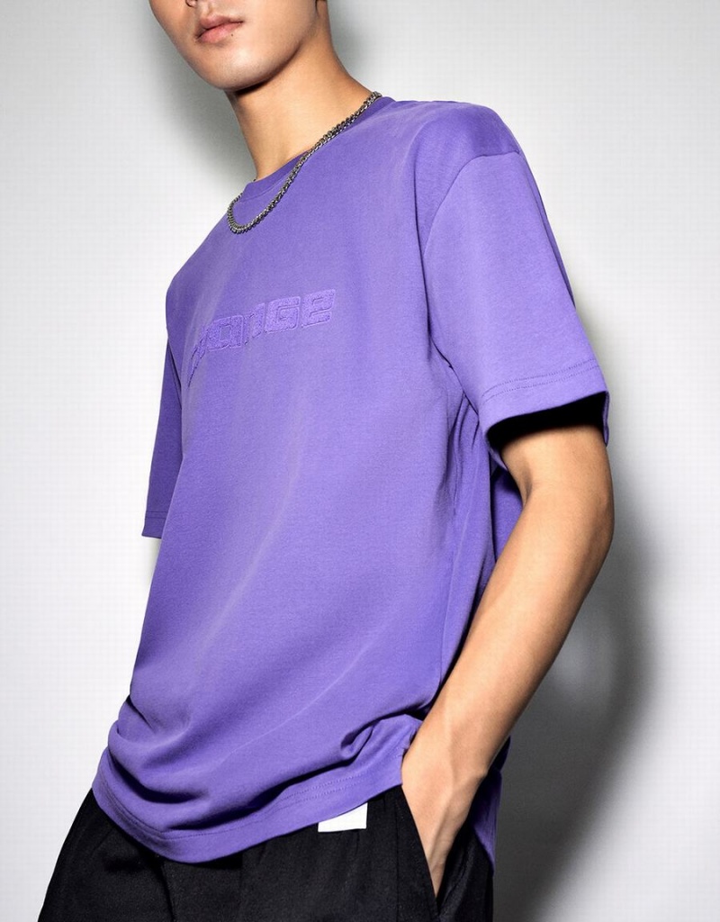 Purple Men's Urban Revivo Letter Embossed Crew Neck T Shirts | WUX5374PI