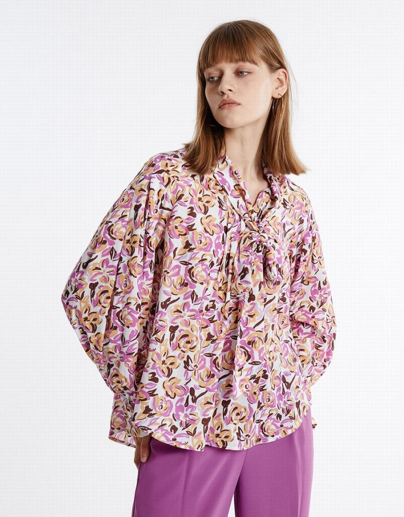 Purple Women's Urban Revivo Bow Detail Floral Blouse | HDR7568UX