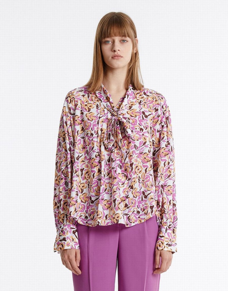 Purple Women's Urban Revivo Bow Detail Floral Blouse | HDR7568UX