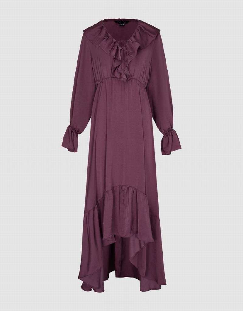 Purple Women's Urban Revivo Butterfly Sleeve Ruffle Lapel A-Line Dress | UXI383JC