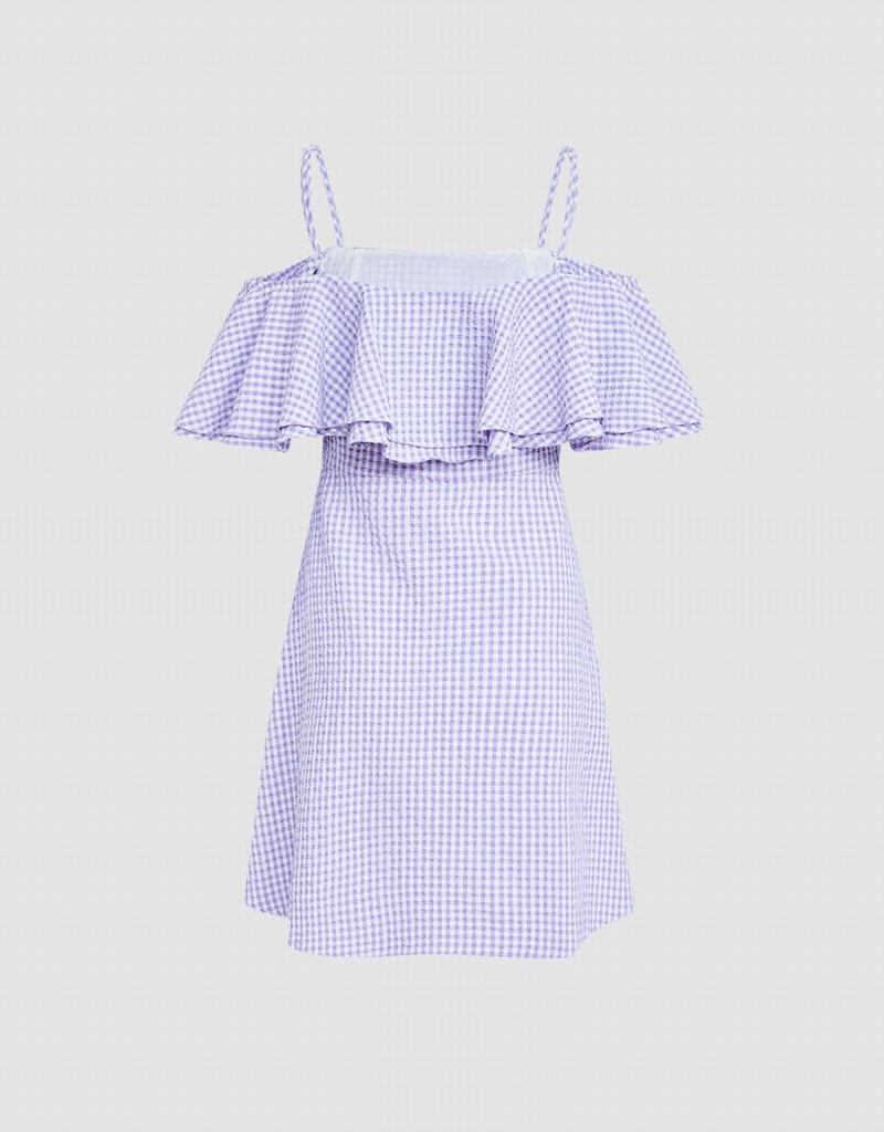 Purple Women's Urban Revivo Checkered Ruffle Cami Dress | YFH5547SB