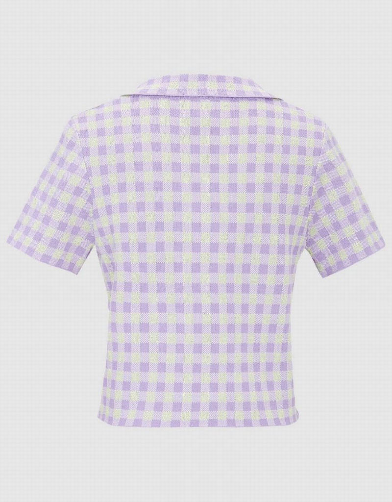 Purple Women's Urban Revivo Checkered Short Sleeve Knitted Top Cardigan | EHK1382EU