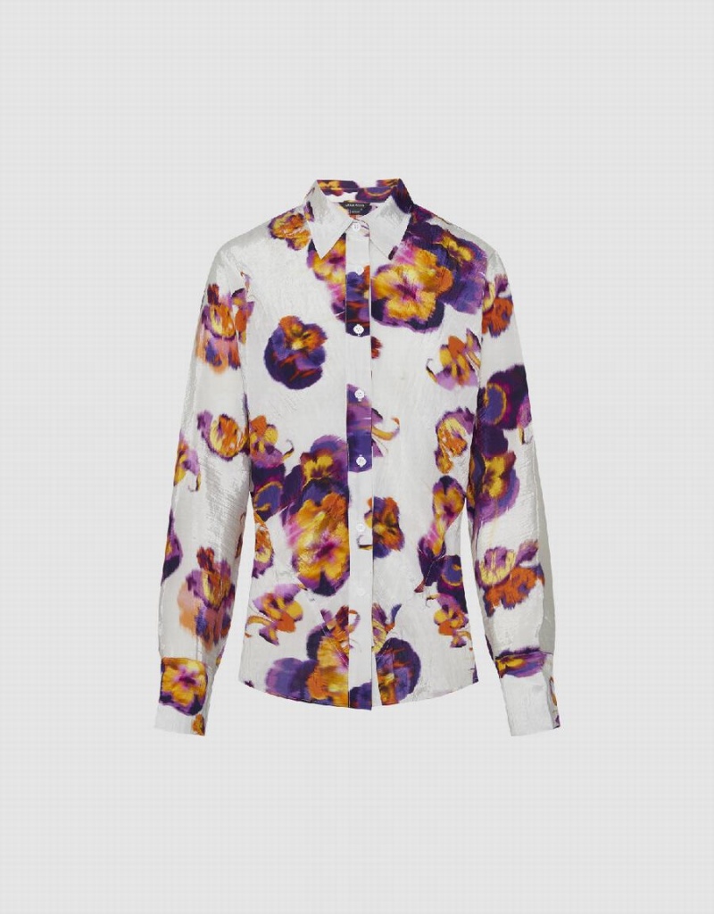 Purple Women's Urban Revivo Flower Printed Button Up Shirts | RCD645AL