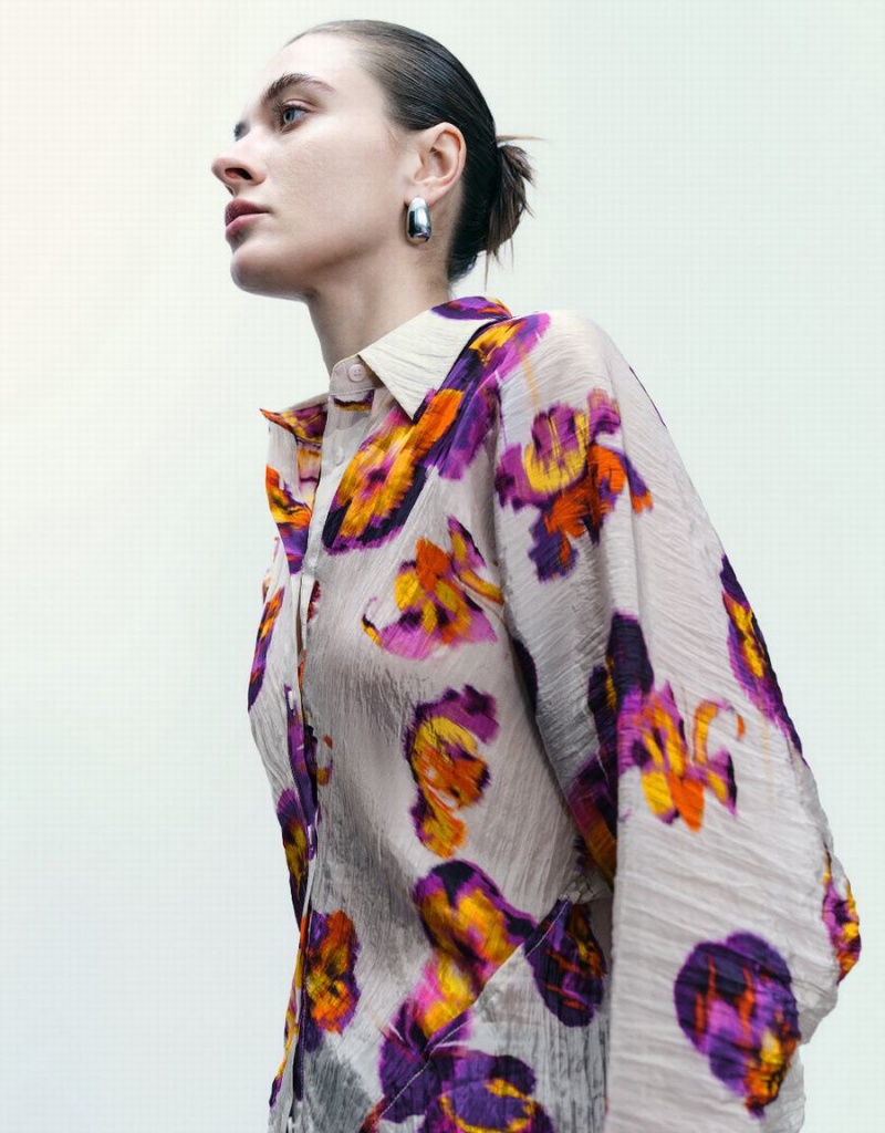 Purple Women's Urban Revivo Flower Printed Button Up Shirts | RCD645AL