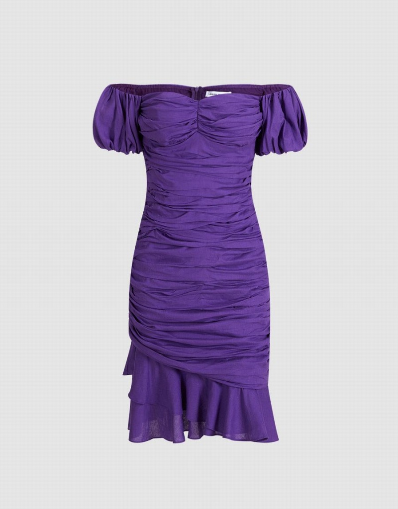 Purple Women's Urban Revivo Off Shoulder Ruched Ruffle Hem Dress | SFJ5262DI