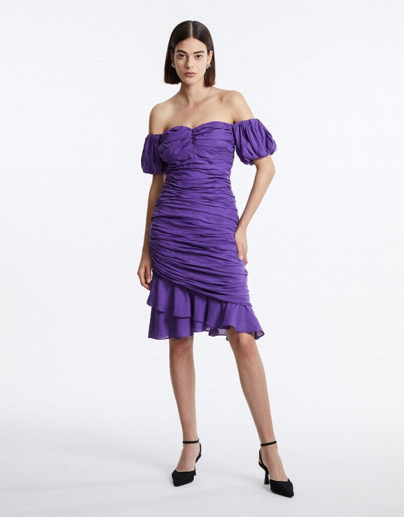 Purple Women's Urban Revivo Off Shoulder Ruched Ruffle Hem Dress | SFJ5262DI