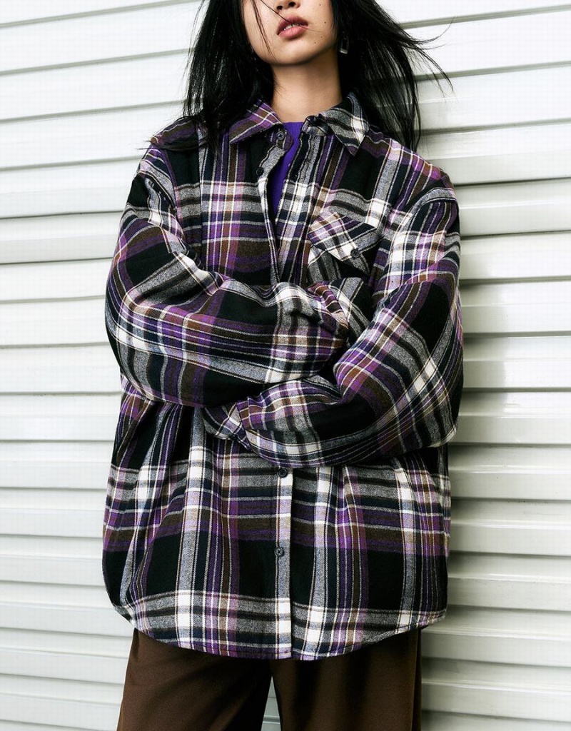 Purple Women's Urban Revivo Plaid Straight Shirts | HYS6242KS