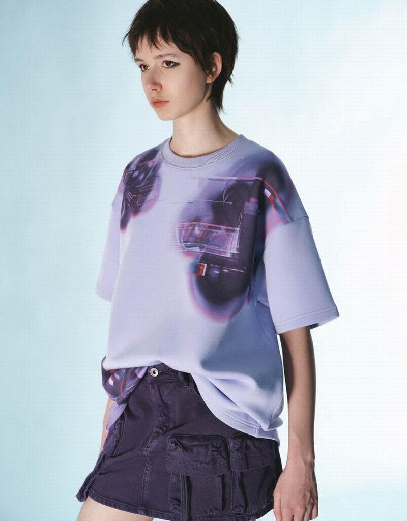 Purple Women's Urban Revivo Printed Crew Neck Loose T Shirts | SYW10086QS