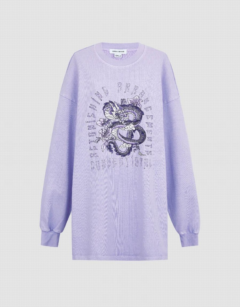 Purple Women's Urban Revivo Printed Crew Neck Loose T Shirts | OWL4660VO