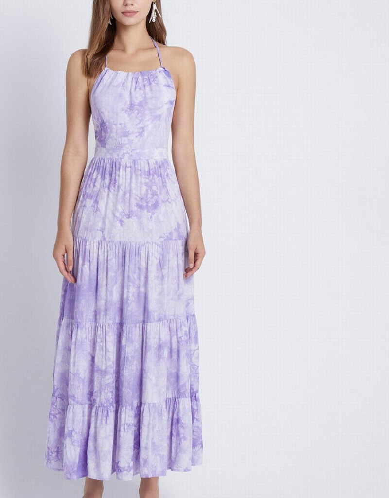 Purple Women's Urban Revivo Tie Dye Tiered Backless Halter Dress | XJV32DJ