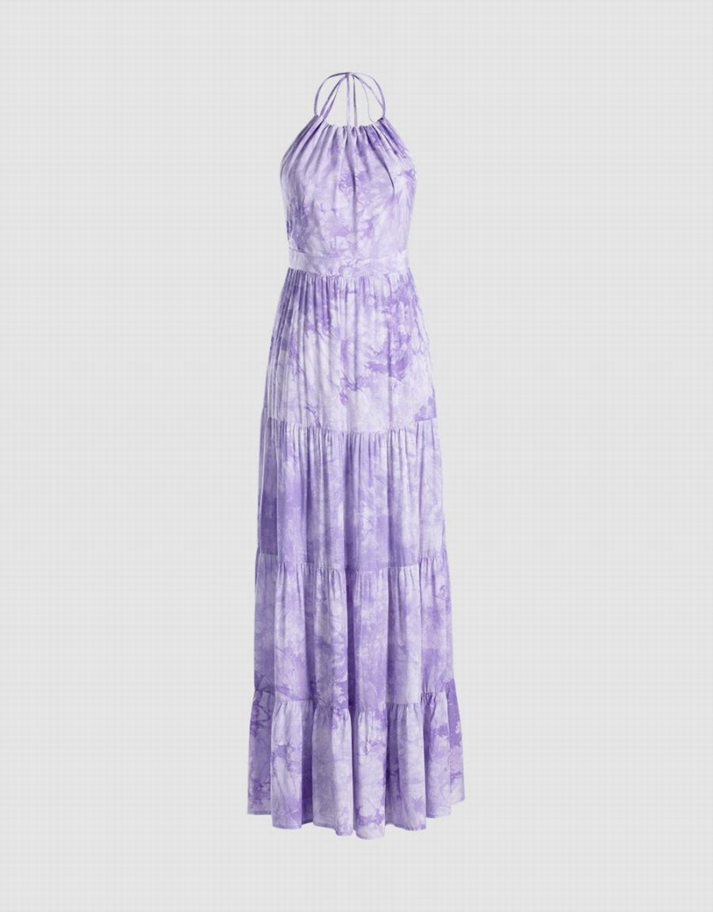 Purple Women\'s Urban Revivo Tie Dye Tiered Backless Halter Dress | XJV32DJ