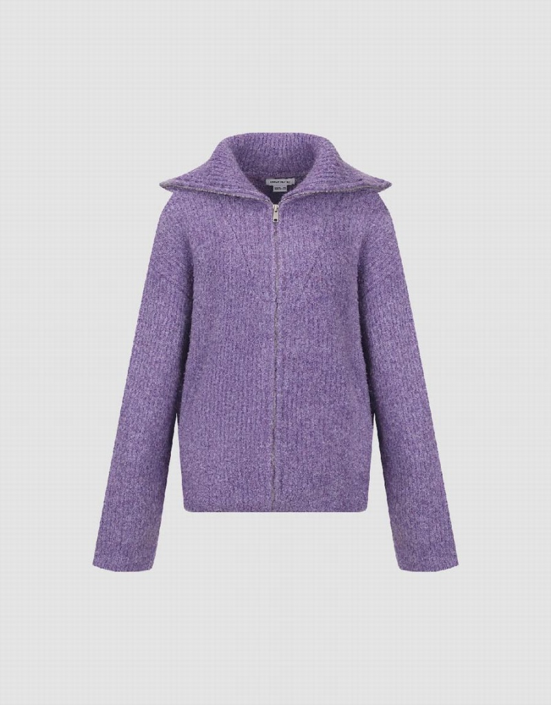 Purple Women's Urban Revivo Zipper Front Loose Knitted Cardigan | FXT10079EO