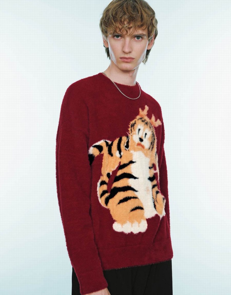 Red Men's Urban Revivo Animal Embroidered Knitted Cardigan | SSQ9199XW