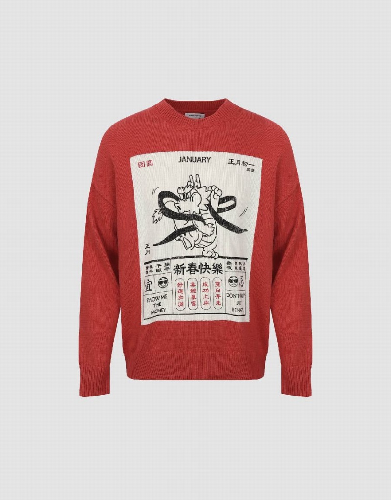 Red Men's Urban Revivo Calendar Printed Sweaters | GUC9168HK