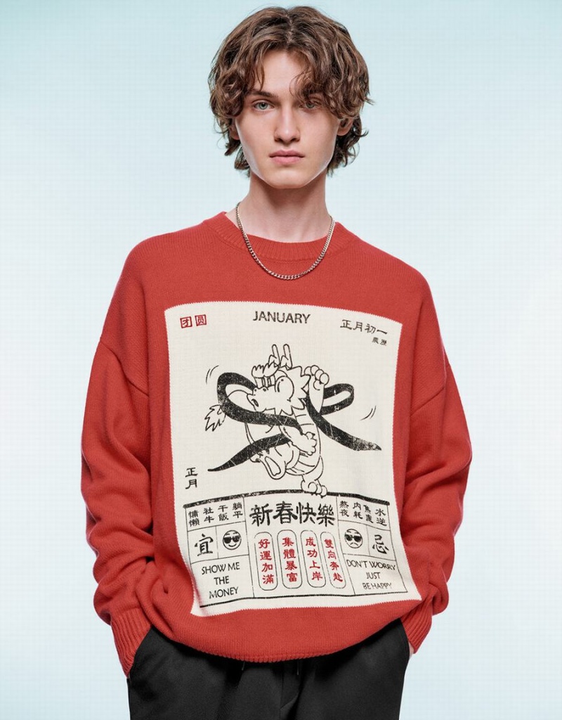 Red Men\'s Urban Revivo Calendar Printed Sweaters | GUC9168HK