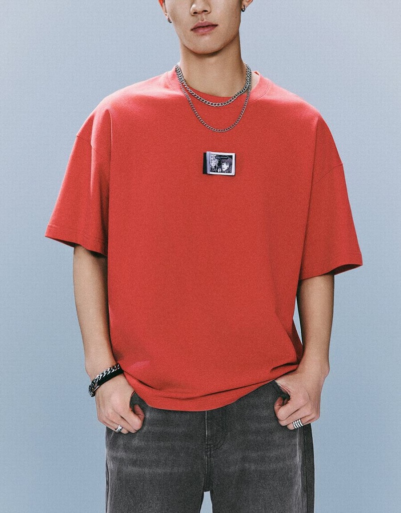 Red Men's Urban Revivo Crew Neck Loose T Shirts | XVP8787EJ