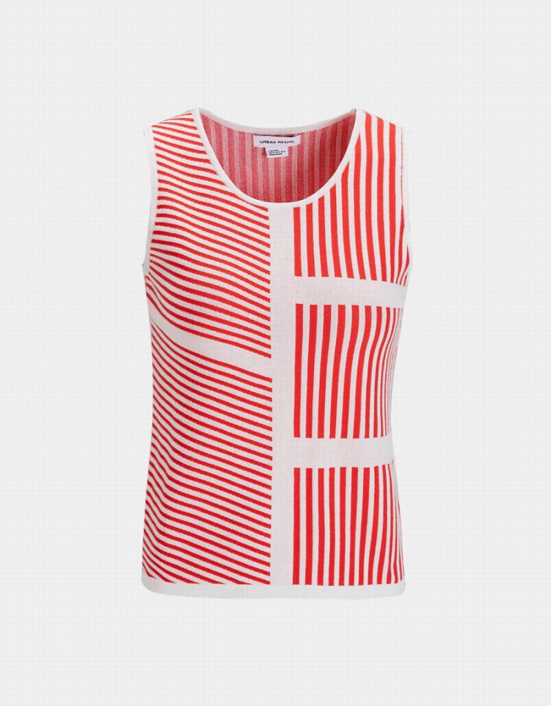 Red Women\'s Urban Revivo Contrast Striped Fitted Knit Tank Top | DNL8617RT