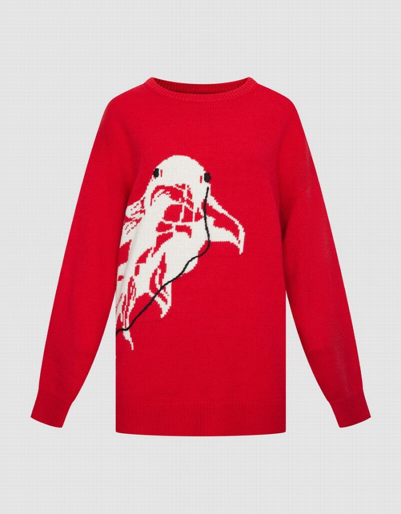 Red Women\'s Urban Revivo Crew Neck Holiday Sweaters | ZTR2141IO