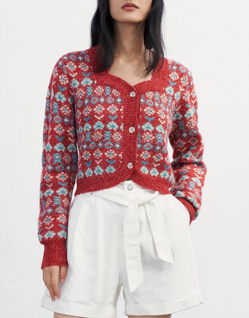 Red Women's Urban Revivo Floral Button Up Cardigan | SKH286EM