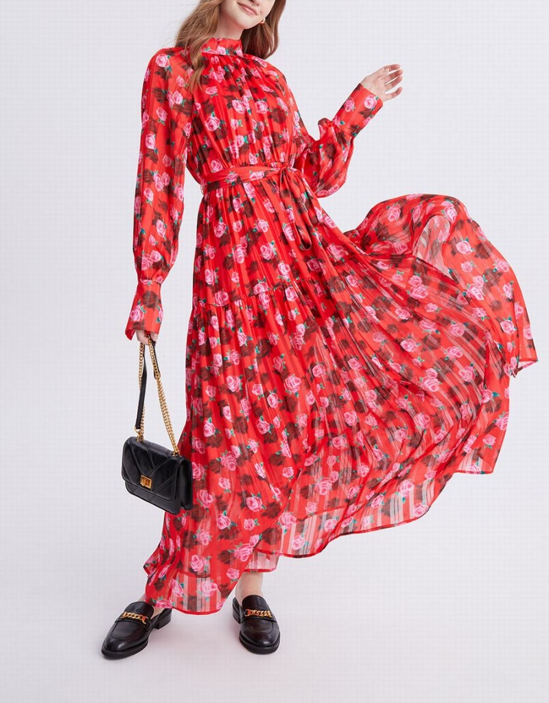 Red Women's Urban Revivo Floral Print Belted Maxi Chiffon Dress | QCC2058AP