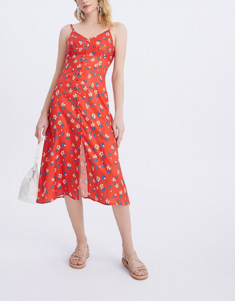 Red Women's Urban Revivo Floral Print Cami Midi Dress | SNS7174XI