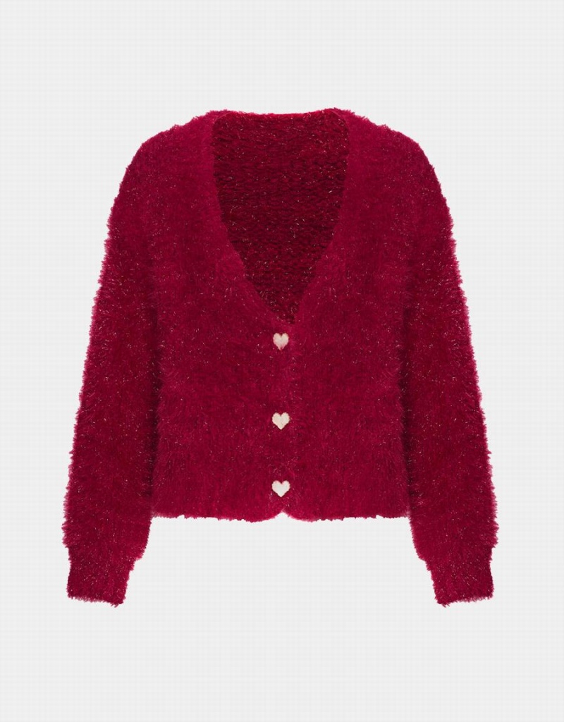 Red Women\'s Urban Revivo Heart Button Fluffy Cardigan | WHA1180IF