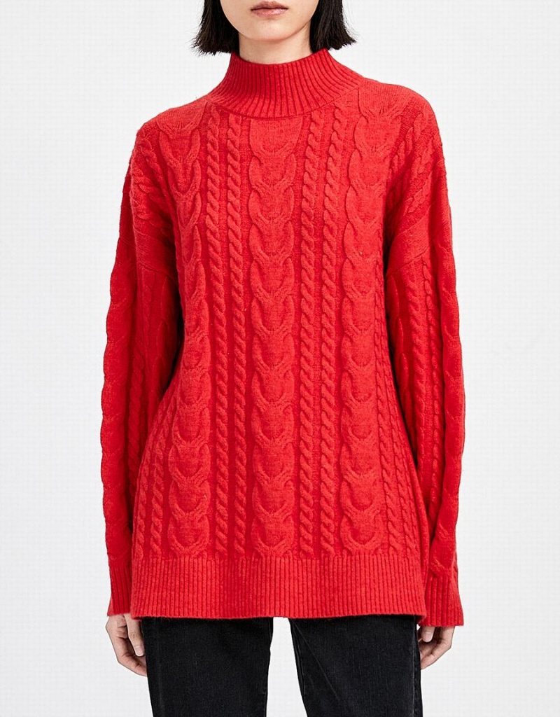 Red Women's Urban Revivo High Neck Cable Knit Holiday Sweaters | ULE3461TS