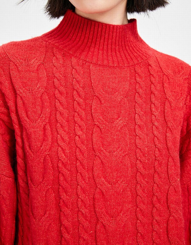 Red Women's Urban Revivo High Neck Cable Knit Holiday Sweaters | ULE3461TS