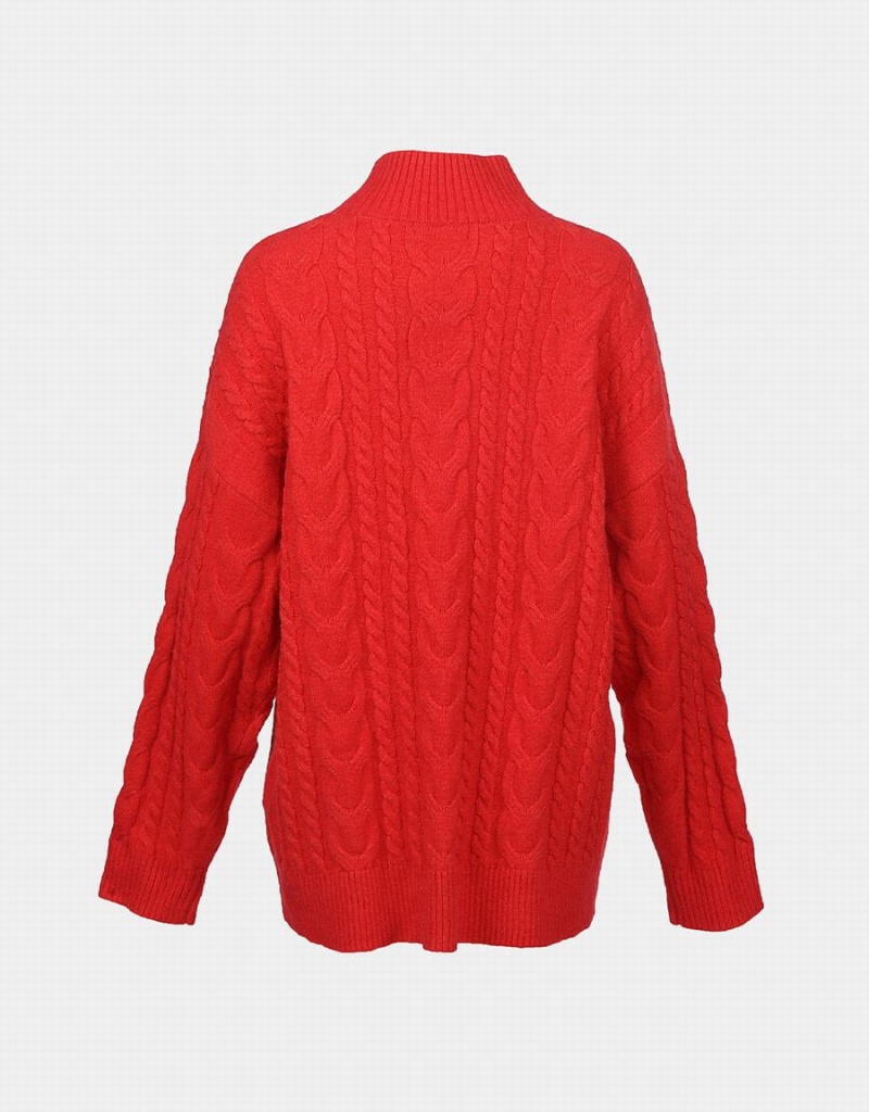 Red Women's Urban Revivo High Neck Cable Knit Holiday Sweaters | ULE3461TS