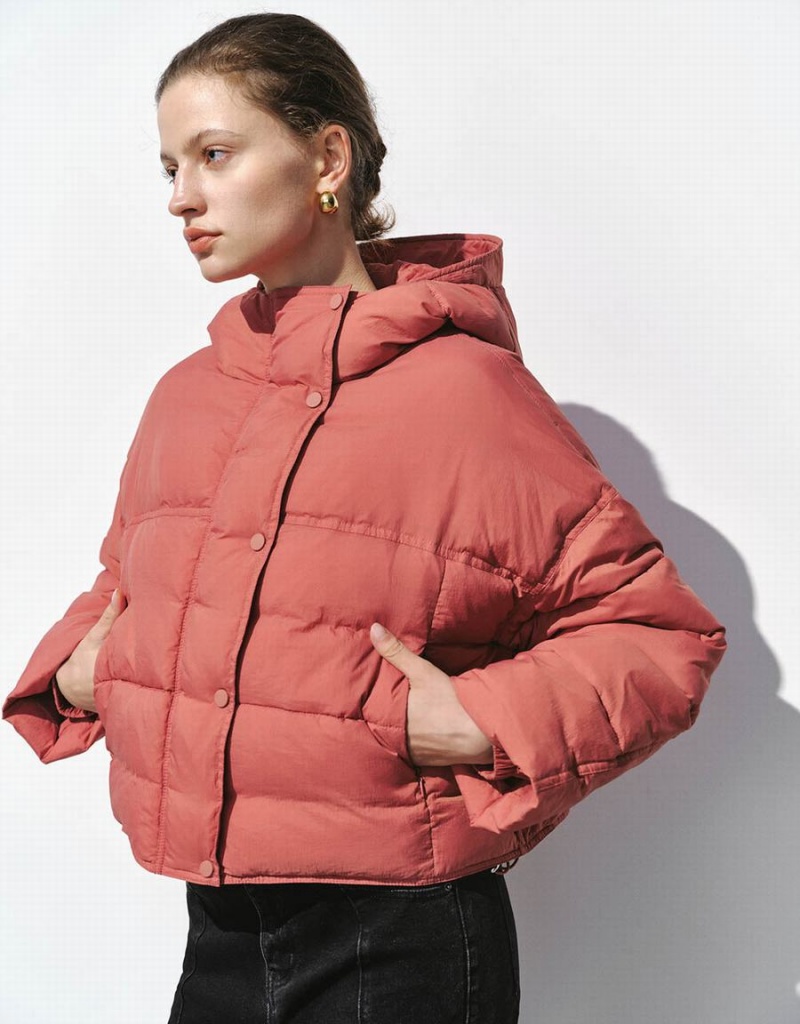 Red Women's Urban Revivo Hooded Padded Coats | PJH957YI