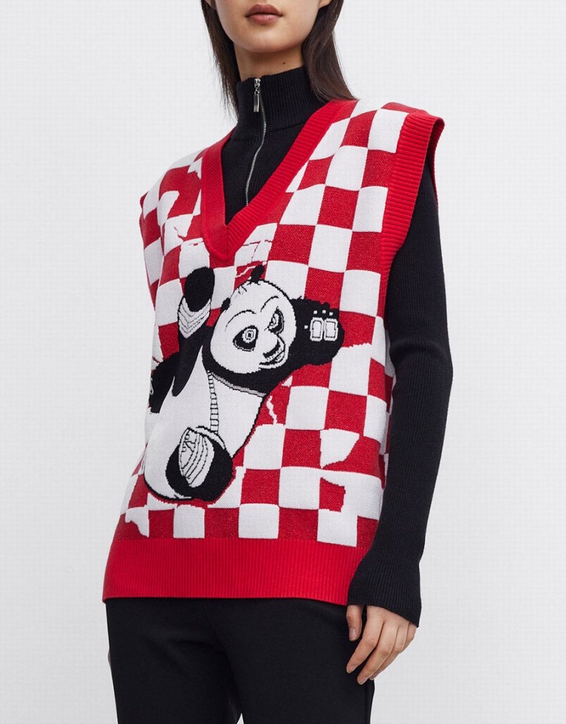 Red Women's Urban Revivo Kung Fu Panda Checkered Tank Top | NIK617VL