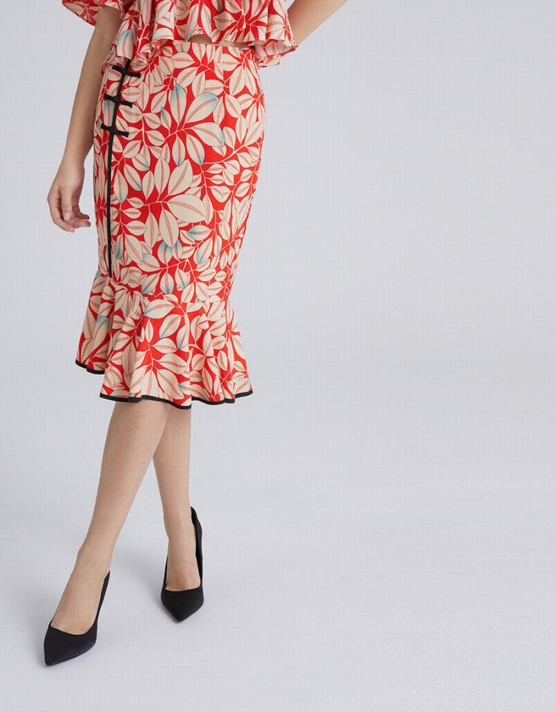 Red Women's Urban Revivo Leaves Print Frog Button Fishtail Skirts | MUG1111HA