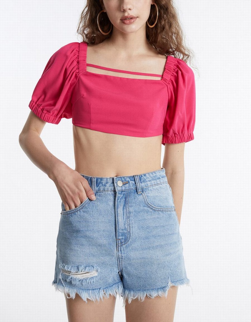 Red Women's Urban Revivo Puff Sleeve Crop Top T Shirts | CZQ73100TV