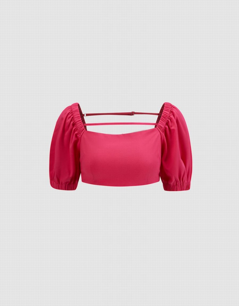 Red Women\'s Urban Revivo Puff Sleeve Crop Top T Shirts | CZQ73100TV