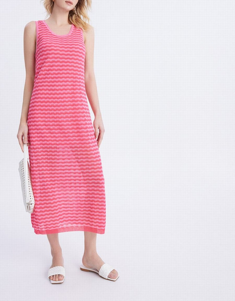 Red Women's Urban Revivo Striped Sleeveless Knitted Midi Dress | CIZ2524UE