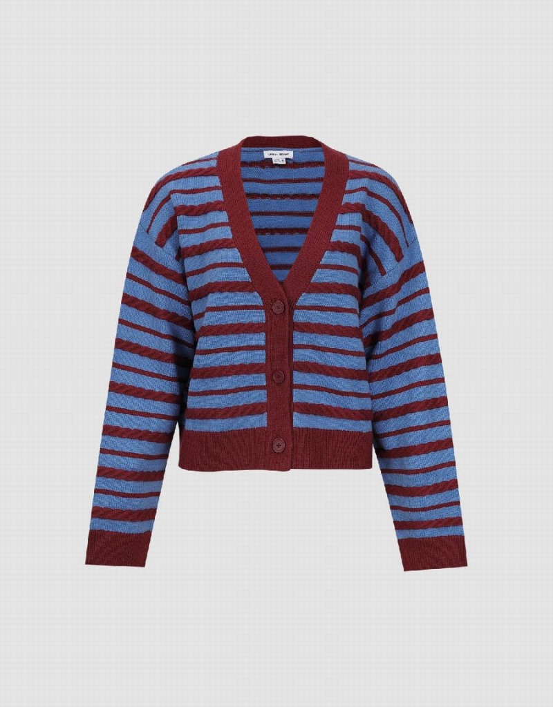 Red Women's Urban Revivo Striped V-Neck Knitted Cardigan | ZXO94HQ