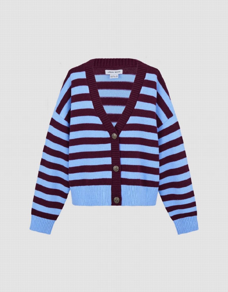 Red Women's Urban Revivo Striped V-Neck Knitted Cardigan | MQB5257DX