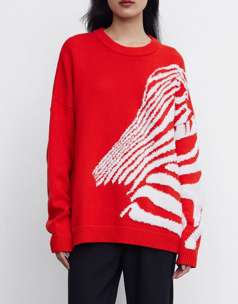 Red Women's Urban Revivo Zebra Striped Crew Neck Sweaters | GWP8244DS