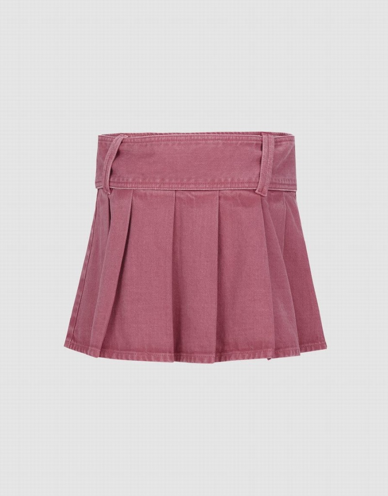 Rose Red Women's Urban Revivo Pleated Mini A-Line Denim Skirts | LXO4454IC