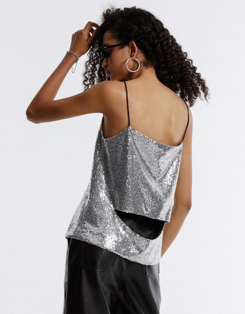 Silver Women's Urban Revivo Cut Out Back Sequin Camisole Tank Top | ZOL4486QO