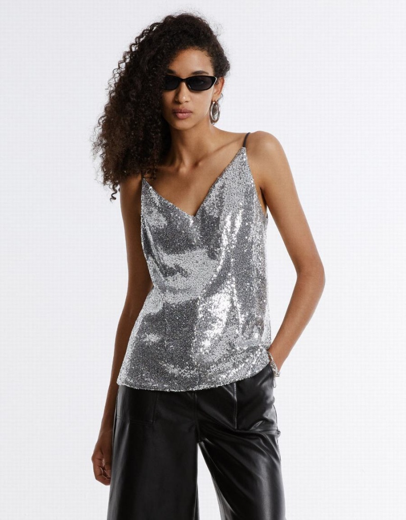 Silver Women\'s Urban Revivo Cut Out Back Sequin Camisole Tank Top | ZOL4486QO