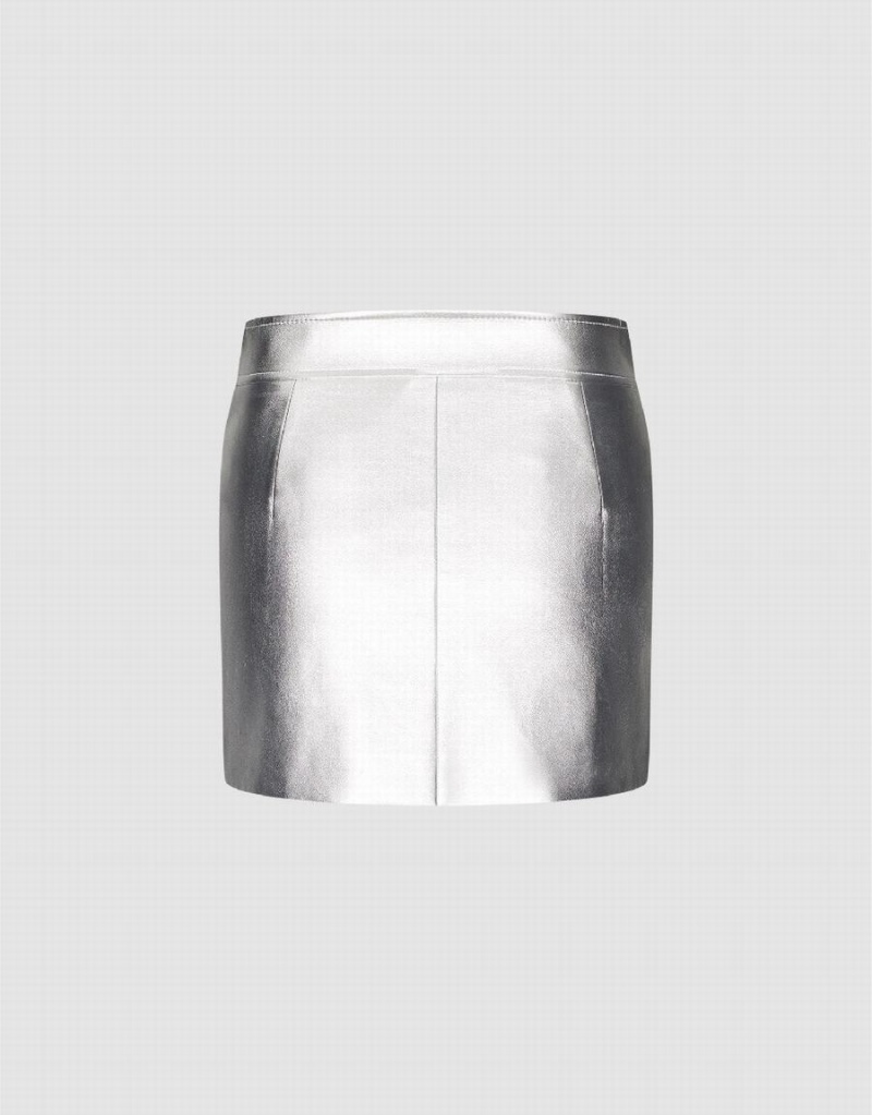 Silver Women's Urban Revivo Vegan Leather Mini A-Line Skirts | RIG4815MY