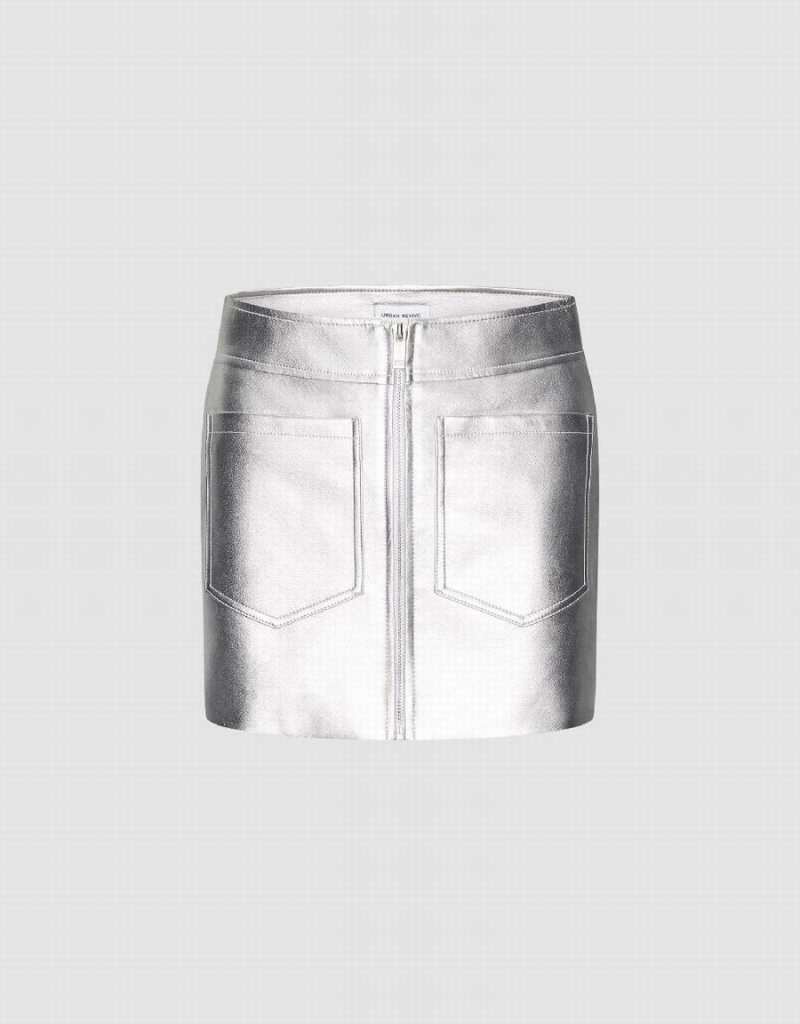 Silver Women\'s Urban Revivo Vegan Leather Mini A-Line Skirts | RIG4815MY