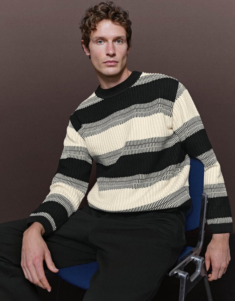 White Black Grey Men's Urban Revivo Crew Neck Striped Knitted Cardigan | KLQ9986HH