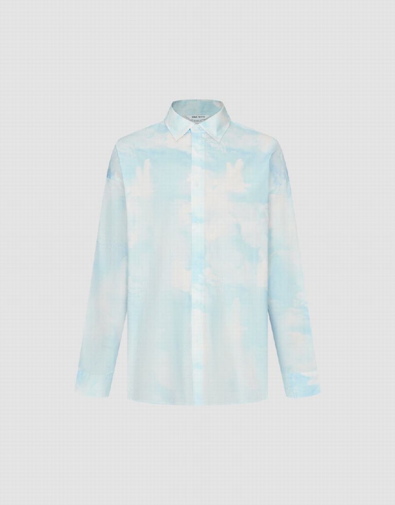 White Blue Men's Urban Revivo Cloud Printed Loose Shirts | HLT9654IW