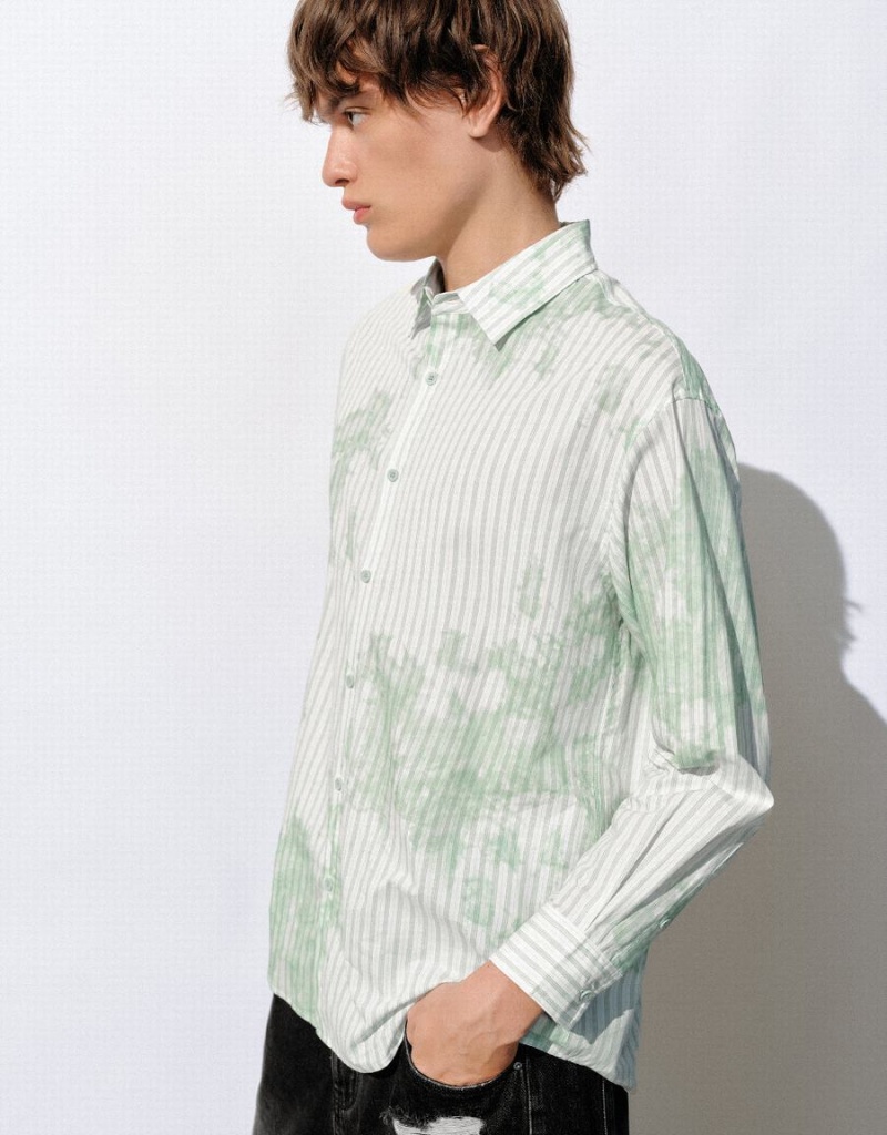 White Green Men's Urban Revivo Striped Button Up Loose Shirts | VJL8918PW