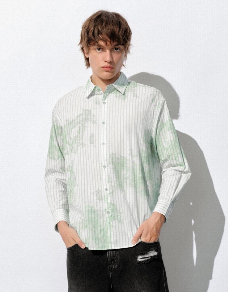 White Green Men\'s Urban Revivo Striped Button Up Loose Shirts | VJL8918PW