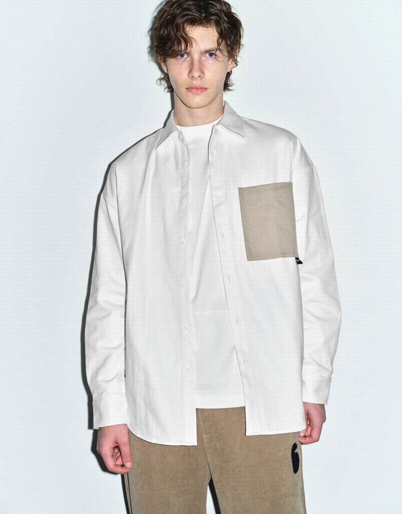 White Men's Urban Revivo Button Up Oversized Shirts | LOG459ZU