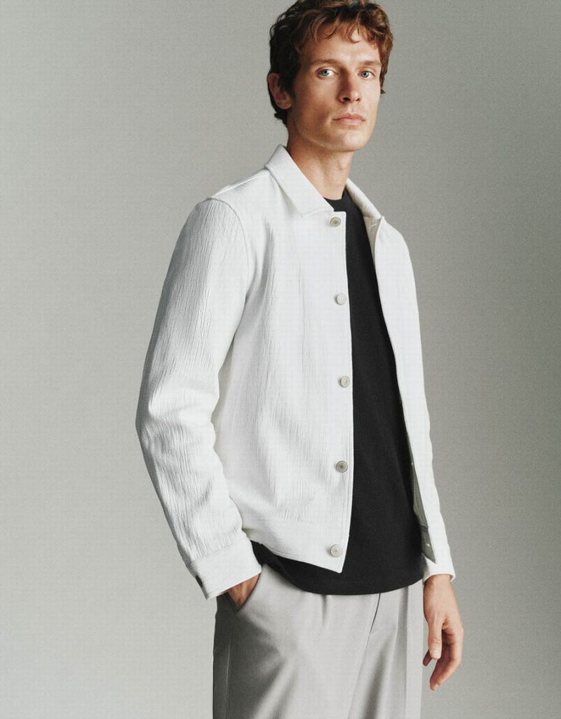 White Men's Urban Revivo Button Up Straight Jackets | XPJ945EA