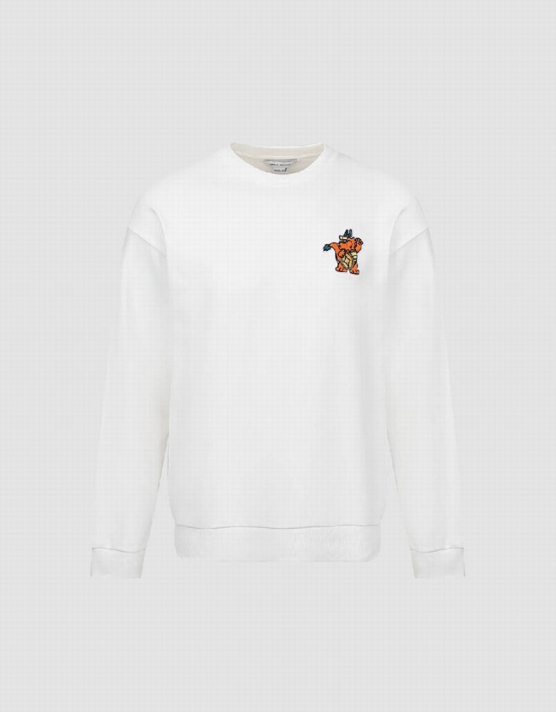 White Men's Urban Revivo Cartoon Embossed Crew Neck Sweatshirts | WOE1657MW